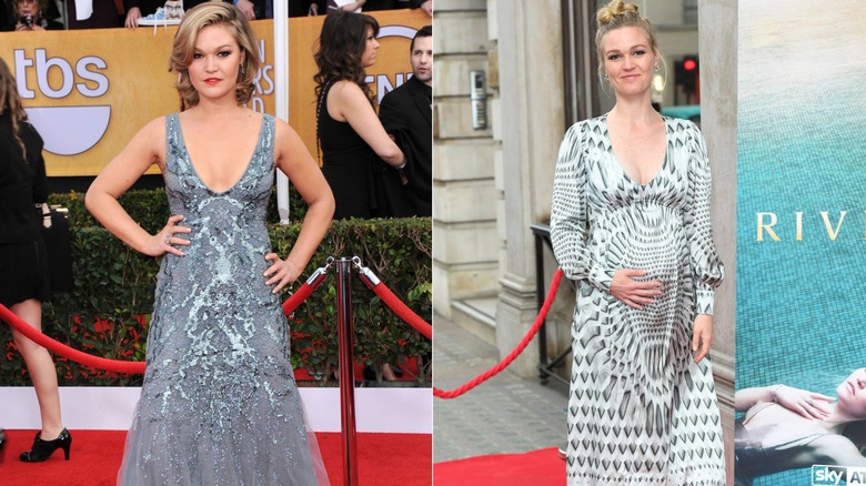 (à gauche) Julia Stiles portant une robe bleu poussiéreuse et un rouge à lèvres rouge en 2013 (à droite) Julia Stiles tenant son baby bump en 2017