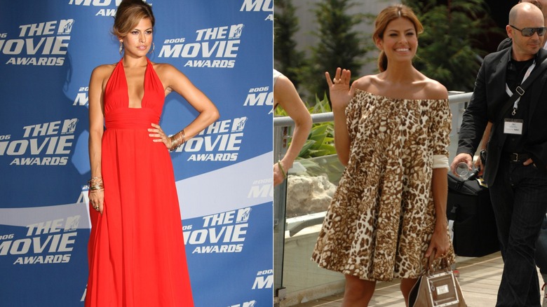 Eva Mendes posant sur le tapis rouge dans une robe rouge en 2006 à gauche et portant une robe à épaules dénudées à imprimé animal en 2007 à droite.