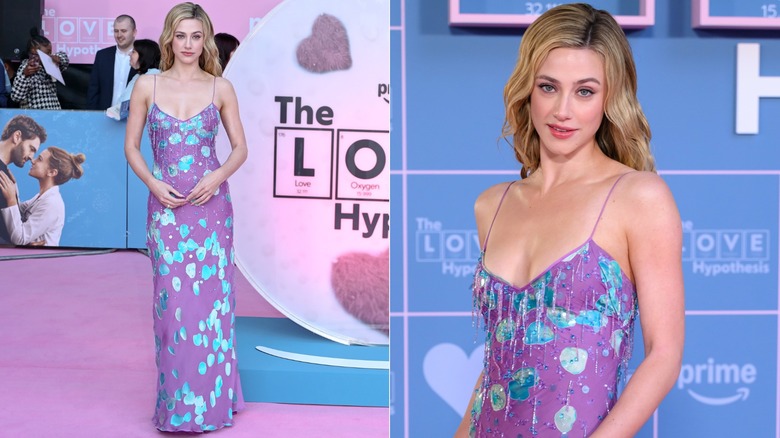 Lili Reinhart porte une robe longue à fines bretelles violette et bleue d'Emanuel Ungaro