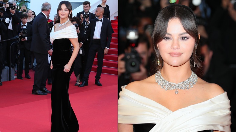 Selena Gomez dans une robe Saint Laurent noire et blanche au Festival de Cannes 2024