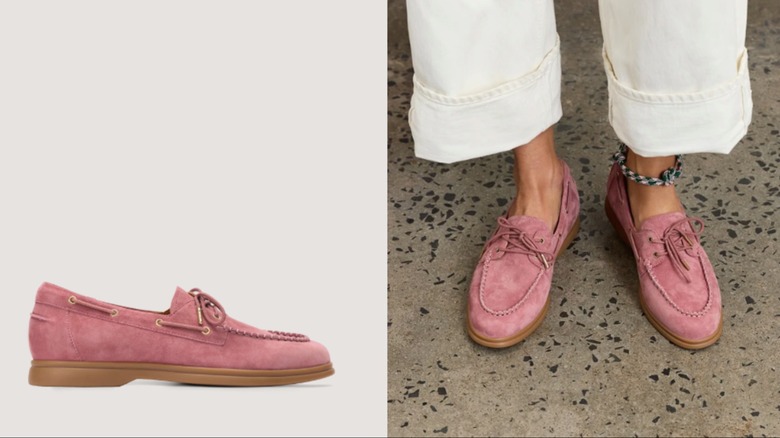Deux angles des chaussures bateau plates Tringa en daim rose terre battue de Bared Footwear