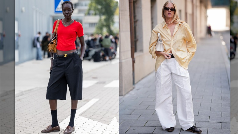 Un mannequin porte un T-shirt rouge, un bermuda et des chaussures bateau en cuir marron avec des chaussettes hautes / Lea Rohe porte une chemise boutonnée jaune pâle, un pantalon large blanc et des chaussures bateau en cuir marron foncé