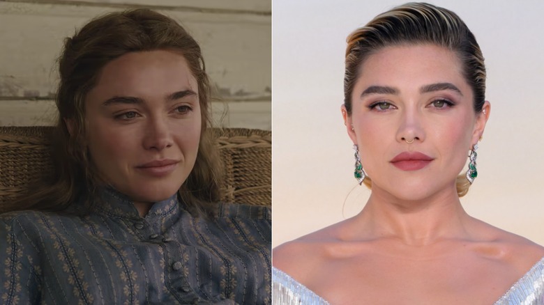 Florence Pugh dans le rôle de Cathy dans East of Eden (à gauche) et Florence Pugh dans la vraie vie (à droite)