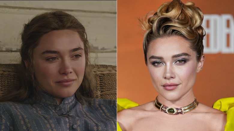 Florence Pugh dans le rôle de Cathy dans East of Eden 2026 de Netflix (à gauche) et Florence Pugh dans la vraie vie à East Of Eden