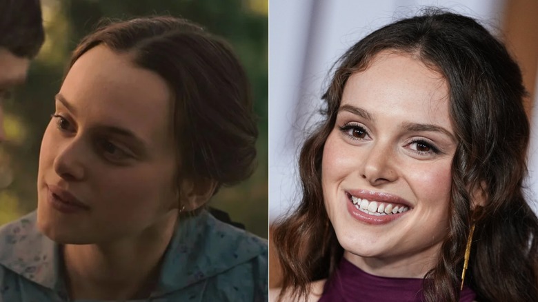 Zoe Phillips dans le rôle d'Abra dans East of Eden 2026 de Netflix (à gauche) et Zoe Phillips dans la vraie vie à la première de East of Eden