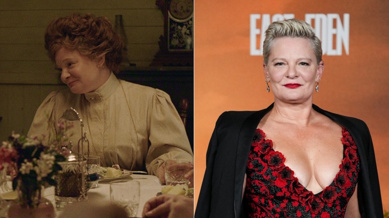 Martha Plimpton dans le rôle de Faye dans East of Eden 2026 de Netflix (à gauche) et Martha Plimpton dans la vraie vie (à droite)