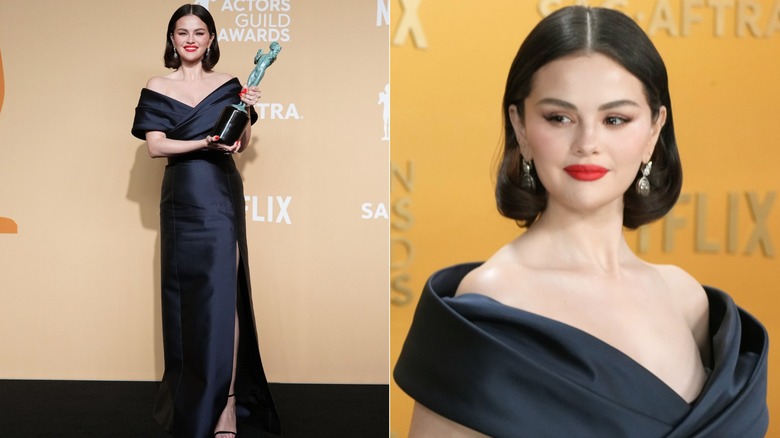 Selena Gomez porte une robe Céline bleu foncé aux SAG Awards 2025