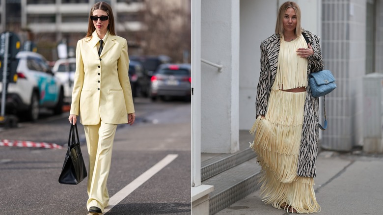 Un invité porte un costume jaune anis lors de la Fashion Week de Milan en février 2025 / Karin Teigl porte un haut à franges jaune anis et une jupe longue assortie, ainsi qu'un manteau à imprimé zèbre à Vienne, en Autriche, en mars 2026.