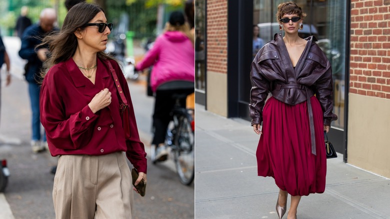 Un invité porte un chemisier rouge bordeaux et un pantalon beige à Milan, Italie, en septembre 2026 / Irina Kro Eicke porte une veste en cuir prune et une jupe midi rouge bordeaux à New York en septembre 2026