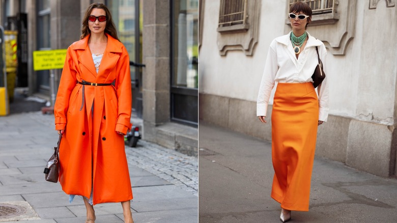Nora Jabri porte un trench-coat à ceinture orange lors de la Fashion Week d'Oslo Runway en septembre 2026 / Irina Kro Eicke porte une chemise boutonnée blanche et une jupe longue orange vif lors de la Fashion Week de Milan en septembre 2026