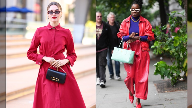 Un invité portant une robe chemise rouge à manches longues avec ceinture lors de la Fashion Week de New York en septembre 2026 / Un invité porte une veste en cuir rouge et un pantalon large rouge et un haut violet lors de la Fashion Week de Londres en septembre 2026