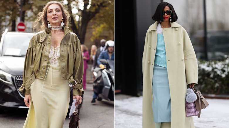 Svitlana Degtyarenko dans une robe nuisette jaune-vert pâle et une veste en cuir vert olive lors de la Fashion Week de Paris en octobre 2026 / Une invitée portant un haut et une jupe bleu sarcelle et un manteau d'opéra vert clair à Copenhague, au Danemark, en janvier 2026