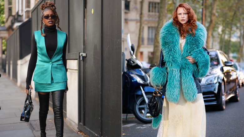 Un invité porte un gilet bleu sarcelle et une mini-jupe assortie, un col roulé noir et des bottes lors de la Fashion Week de Londres en septembre 2026 / Un invité porte un manteau de fourrure bleu sarcelle et une jupe longue ivoire lors de la Fashion Week de Paris en octobre 2025