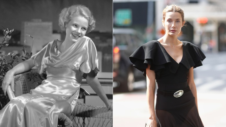 Une femme dans les années 1930 et en 2026 portant des manches papillon flottantes