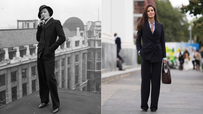 Une femme dans les années 30 et en 2026 portant des costumes androgynes