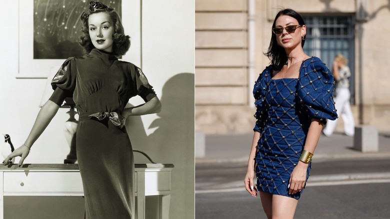 Une femme dans les années 1930 et en 2026 portant des robes à manches bouffantes