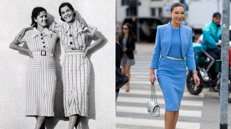 Deux femmes dans les années 1930 et une en 2026 portant des robes avec ceinture autour de la taille