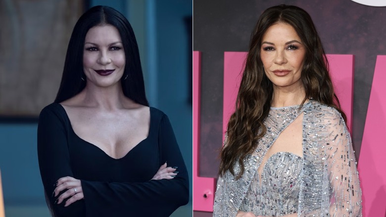 (à gauche) Catherine Zeta-Jones dans le rôle de Morticia Addams dans la série Netflix 