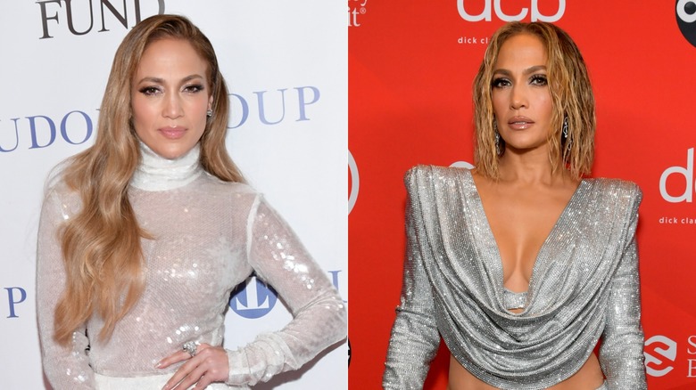 Jennifer Lopez avec des cheveux longs et un lob court et mouillé