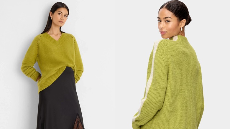 (L)Un mannequin posant dans le pull à col en V en mélange de cachemire Gold Label de NIC+ZOE ; (R) Un mannequin posant dans le pull shaker à col montant SoSoft Sport d'Old Navy
