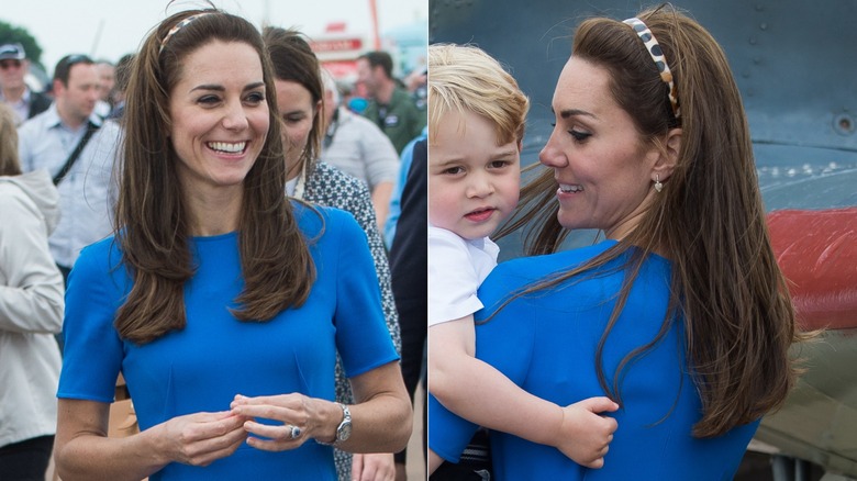 Kate Middleton en robe bleue et avec un bandeau en juillet 2016
