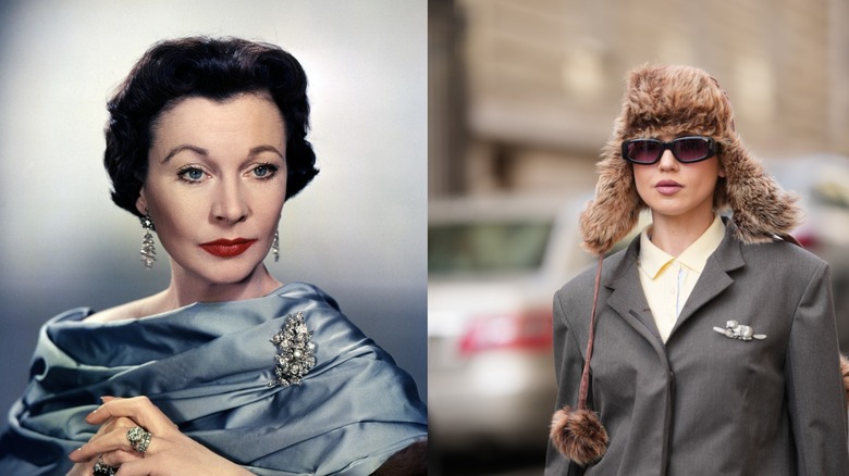Vivian Lee photographiée à gauche portant une robe bleue et une broche et une femme portant un blazer et une broche en 2026 (photo de droite)