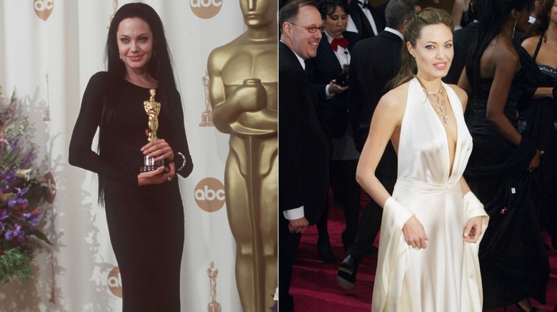 (à gauche) Angelina Jolie aux Oscars 2000 ; (à droite) Angelina Jolie aux Oscars 2004