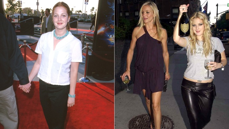 (à gauche) Drew Barrymore sur un tapis rouge en 2000 (à droite) Drew Barrymore et Cameron Diaz en 2003
