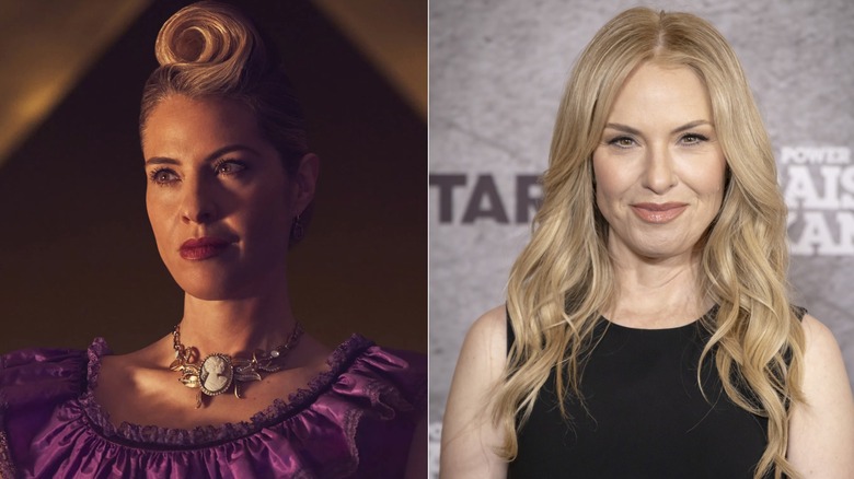 Photos côte à côte de Leslie Grossman dans son personnage sur AHS (à gauche) et dans son propre rôle sur le tapis rouge (à droite)