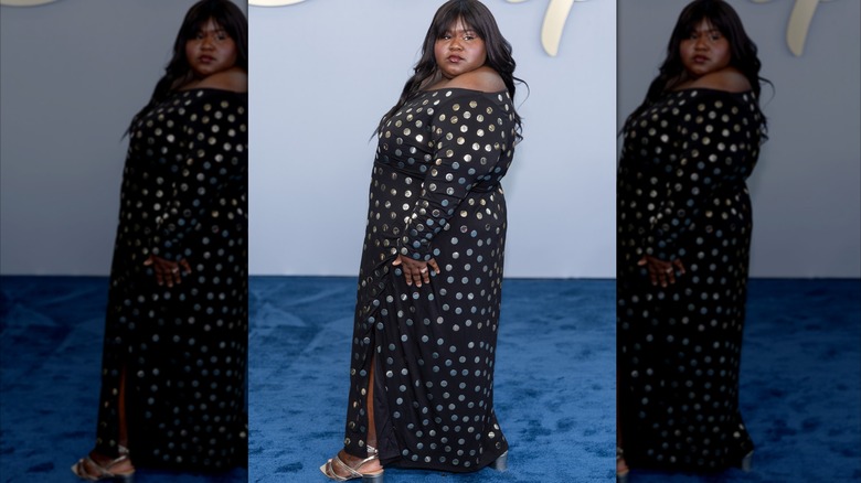 Gabourey Sidibé en robe noire à pois argentés