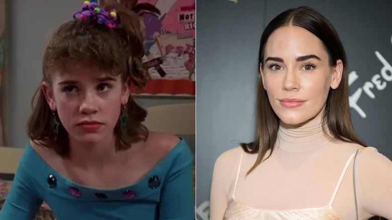 Photos côte à côte de Christa B. Allen en tant que jeune actrice dans 13 Going on 30 (à gauche) et en tant qu'adulte sur le tapis rouge (à droite)