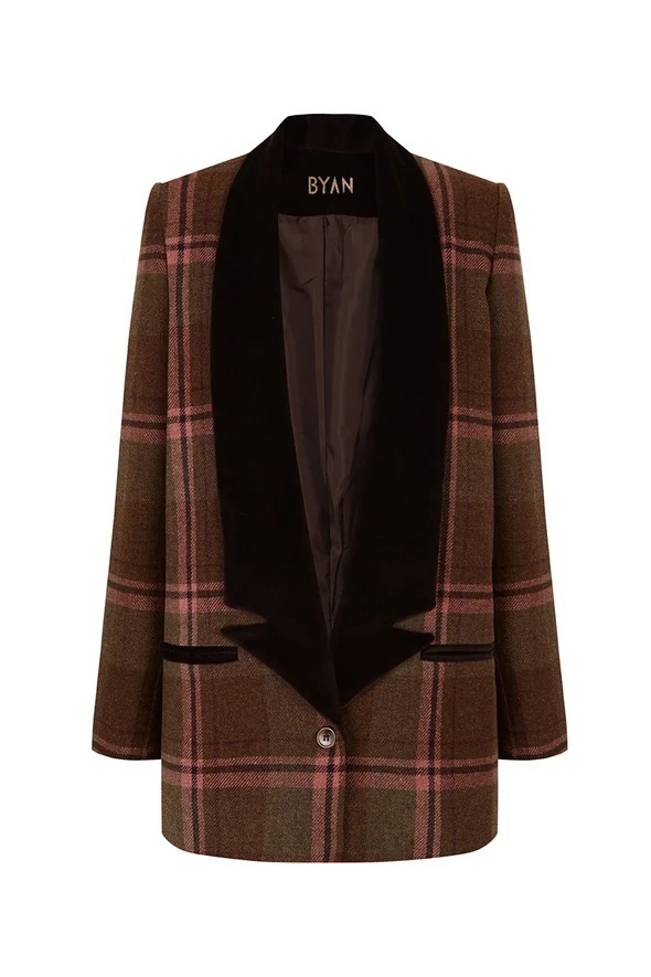 Blazer à carreaux dans les tons bordeaux avec revers en velours.