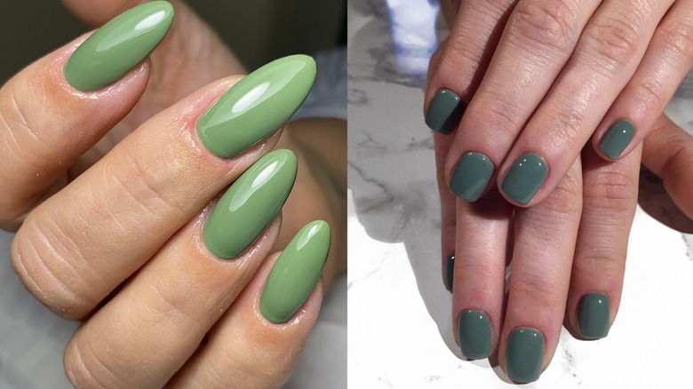Ongles longs vert clair illustrés à gauche et ongles courts vert mousse illustrés à droite.