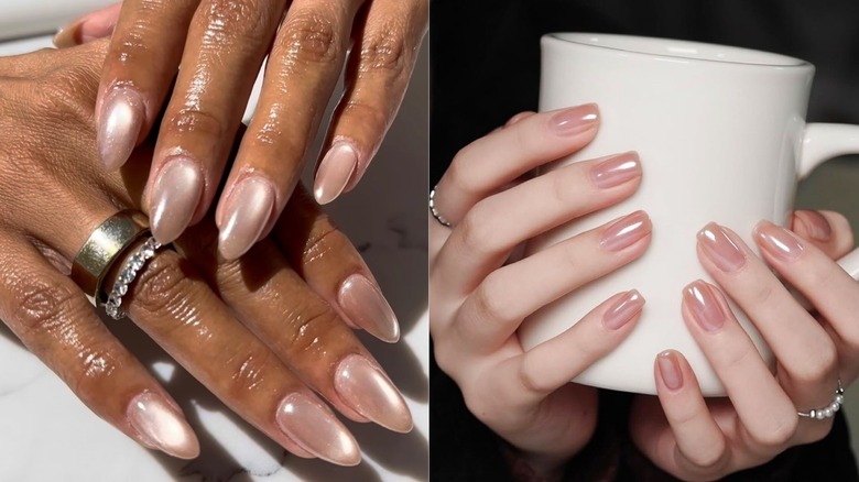 Ongles longs nacrés nus illustrés à gauche et ongles courts nacrés nus illustrés à droite.