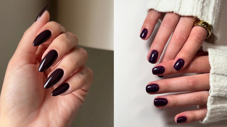 Ongles longs cerise noire illustrés à gauche et ongles courts cerise noire illustrés à droite.