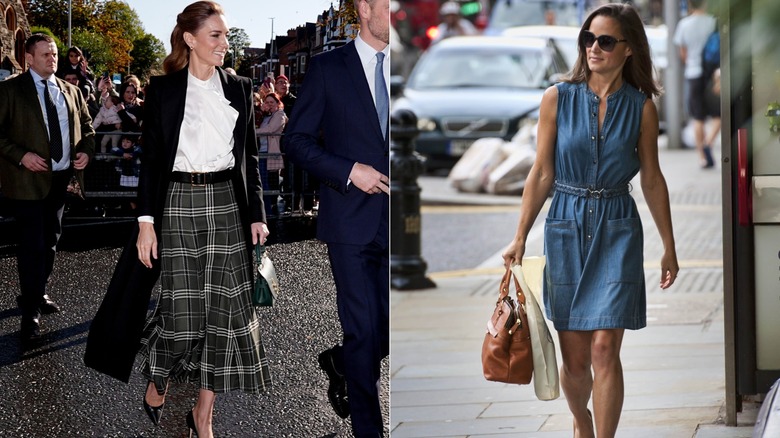 L : Kate Middleton dans une jupe à carreaux et un chemisier à volants. R : Pippa Middleton dans une robe droite en jean
