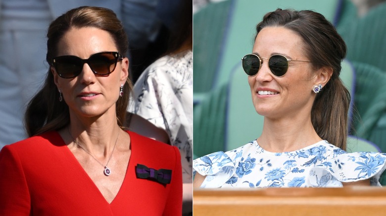 L : Kate Middleton portant des lunettes de soleil classiques avec un nœud caritatif épinglé sur sa robe. R : Pippa Middleton en Raybans rondes et une tresse de cheveux