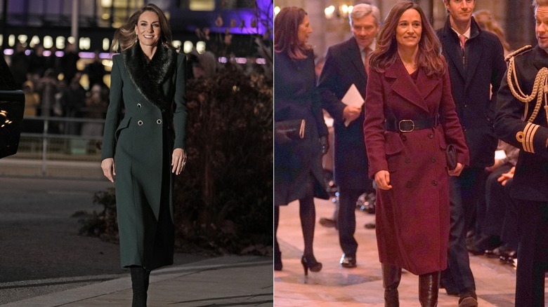 L : Kate Middleton dans un manteau bordé de fourrure vert foncé. R : Pippa Middleton dans un manteau rouge foncé et des bottes