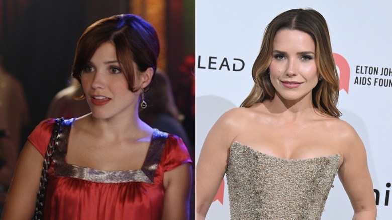 (à gauche) Sophia Bush dans le rôle de Brooke Davis dans "Une colline d'arbre"; (à droite) Sophia Bush à la soirée annuelle des Oscars d'Elton John en 2026