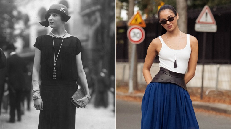 Une femme des années 1920 portant un collier à pampilles avec une robe noire à gauche et une femme en 2026 portant un collier à pampilles avec un débardeur blanc et une jupe bleue à droite.
