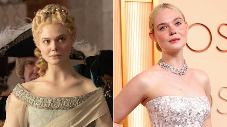 Photos côte à côte d'Elle Fanning dans son personnage de The Great (à gauche) et dans son propre rôle sur le tapis rouge (à droite)