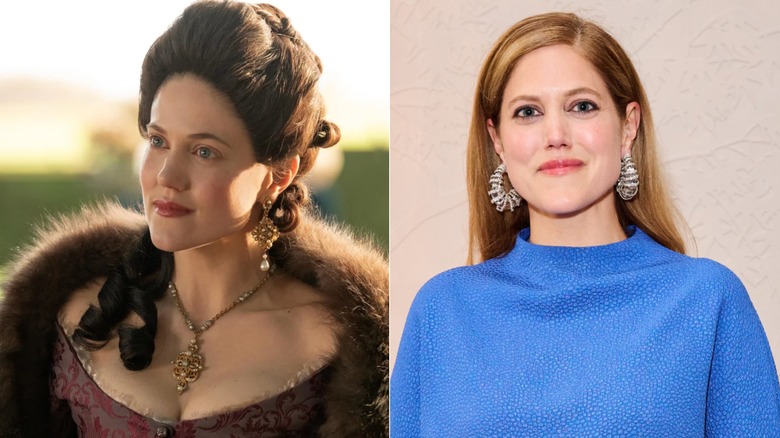 Photos côte à côte de Charity Wakefield dans le personnage de The Great (à gauche) et dans son propre rôle sur le tapis rouge (à droite)