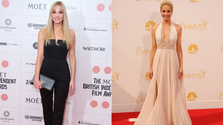 (à gauche) Joanne Froggatt portant une combinaison noire aux Moët British Independent Film Awards 2013 ; (À droite) Joanne Froggatt portant une robe dos nu blanche aux Emmy Awards 2014