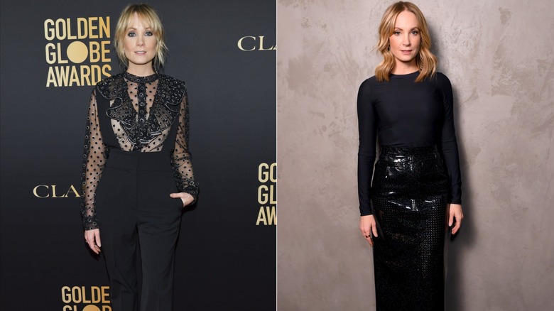 (à gauche) Joanne Froggatt vêtue de noir lors d'une soirée des ambassadeurs des Golden Globes 2019 ; (R) Joanne Froggatt vêtue de noir lors d'un photocall en 2020 pour 