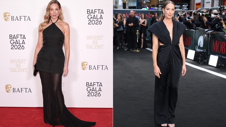 (à gauche) Joanne Froggatt portant une robe noire lors d'un gala BAFTA 2026 ; (R) Joanne Froggatt portant une robe noire au 
