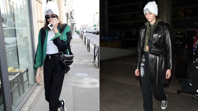 Kaia Gerber portant un chapeau blanc avec différentes tenues