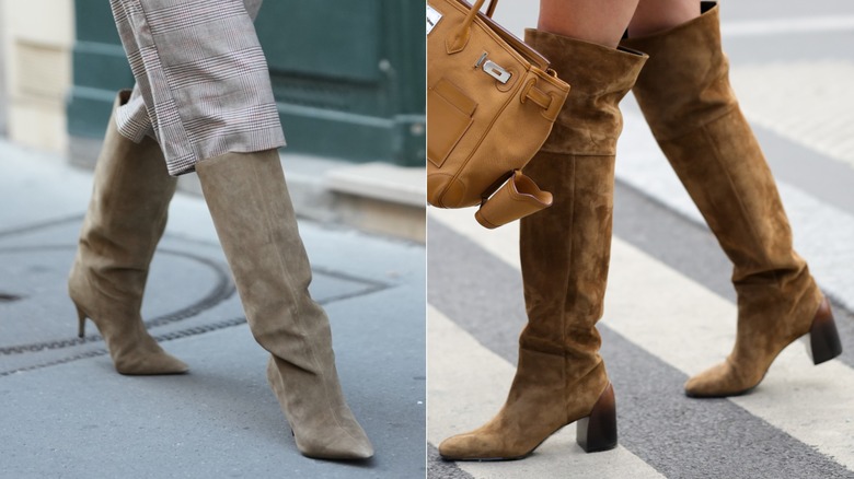 Un invité porte un bermuda à carreaux et des bottes hautes à bout pointu en daim beige lors de la Fashion Week de Paris en octobre 2026 / Un invité porte des cuissardes en daim beige avec un talon carré lors de la Fashion Week de Paris en octobre 2026