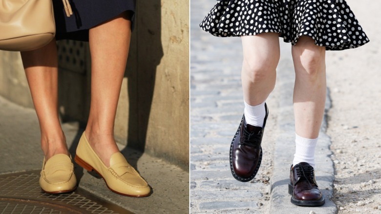 Une invitée porte une jupe longue et des ballerines rouges lors de la Fashion Week de Paris en octobre 2026 / Une invitée porte un jean large et des ballerines dorées et noires lors de la Fashion Week de Paris en octobre 2026