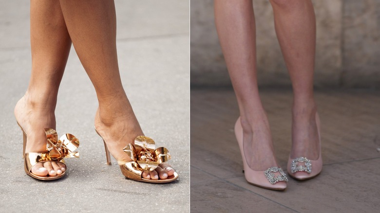 Flora Coquerel porte des sandales mules dorées métallisées avec des ornements floraux lors de la Fashion Week de Paris en octobre 2026 / Une invitée porte des escarpins à bout pointu rose Link avec des ornements de bijoux lors de la Fashion Week de Paris en octobre 2026