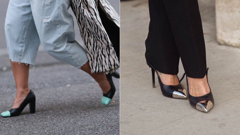 Karin Teigl porte une jupe-culotte en jean bleu clair avec des escarpins bicolores à bout carré noir et bleu sarcelle à Vienne, Autriche, en octobre 2026 / Sophia Roe porte un pantalon noir et des escarpins bicolores à bout pointu noir et argent lors de la Fashion Week de Paris en octobre 2026.